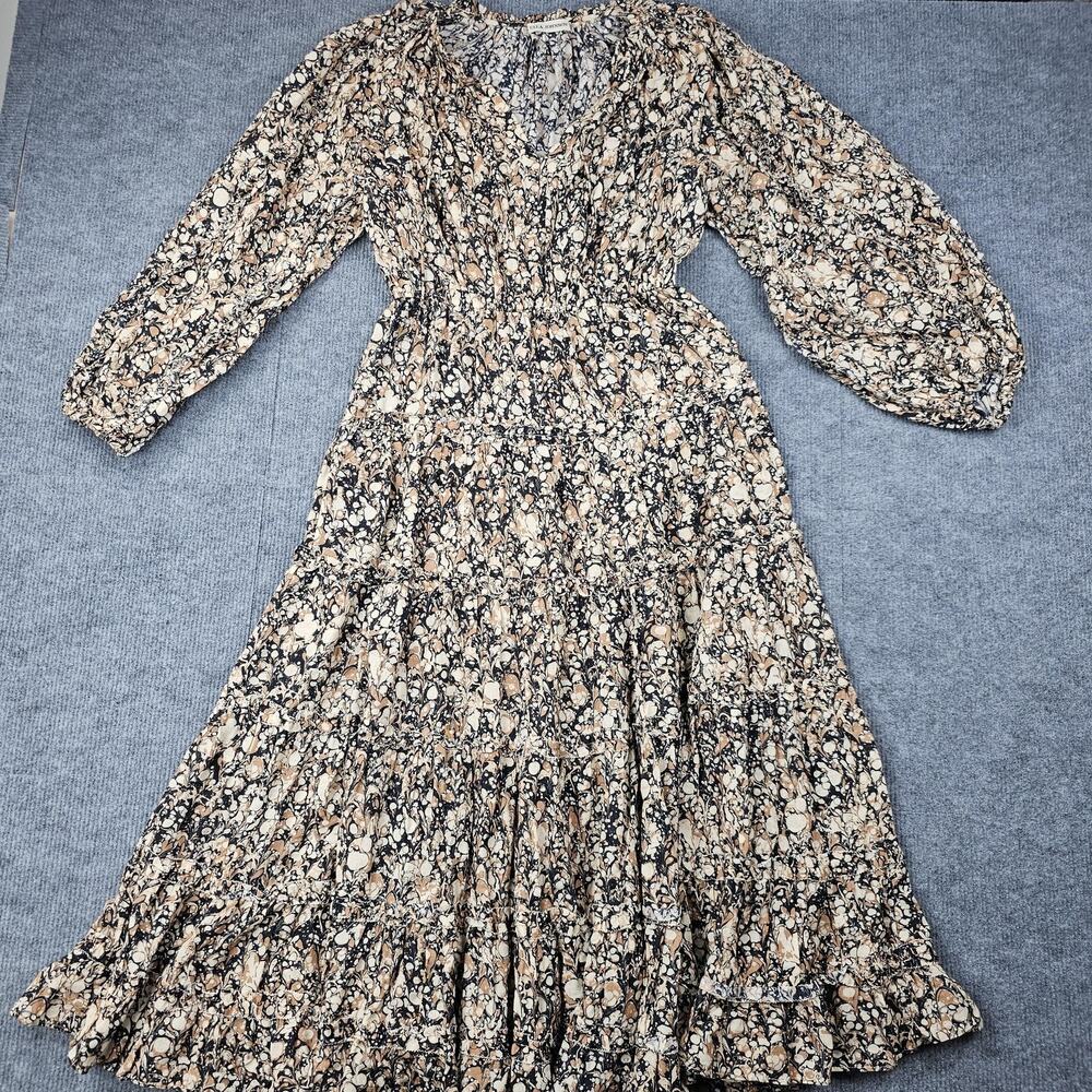Ulla Johnson Anzu Midi Dress Womens 2 Marbled Print Neutral Tiered Cottage